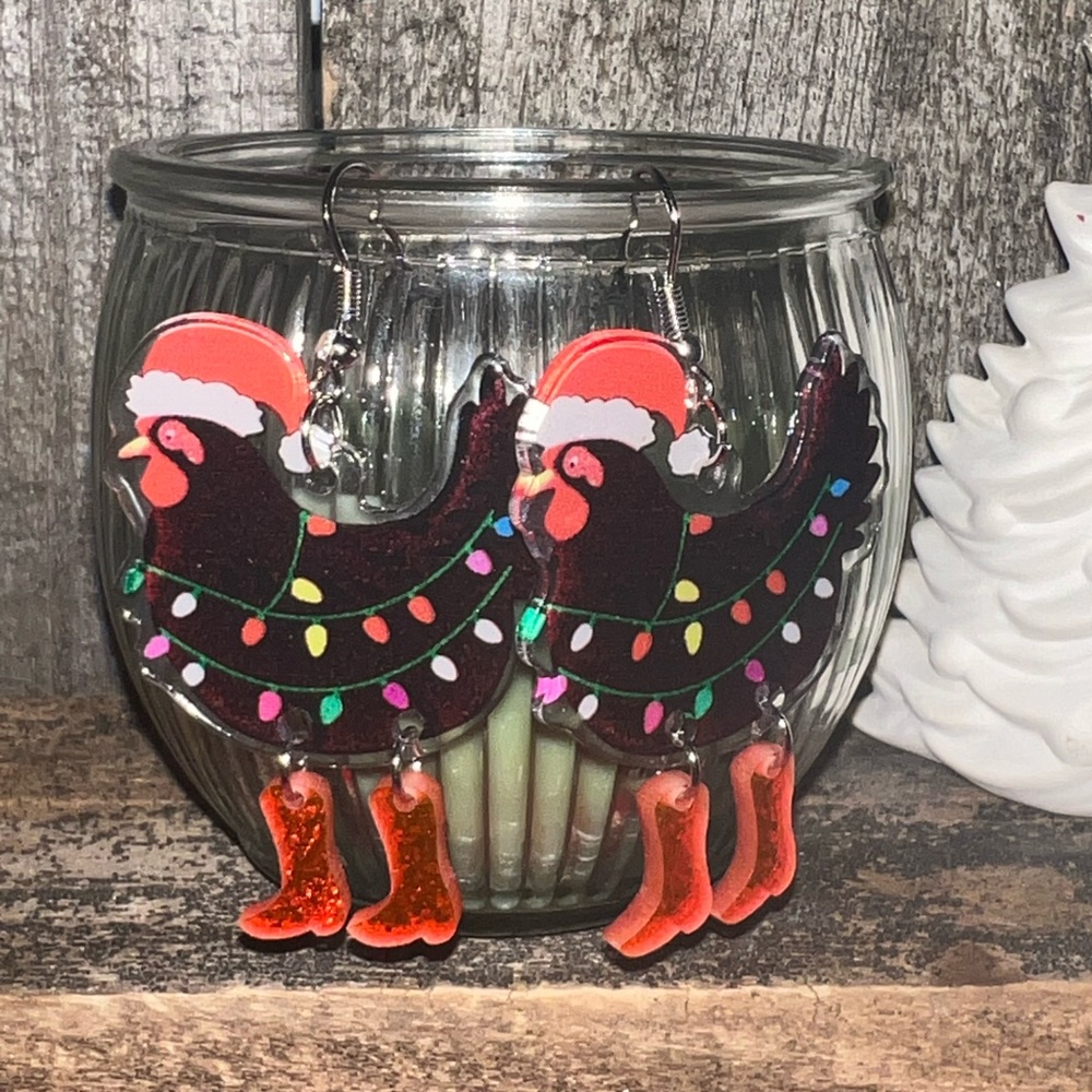 Festive Chicken Earrings with Santa Hats and Red Boots